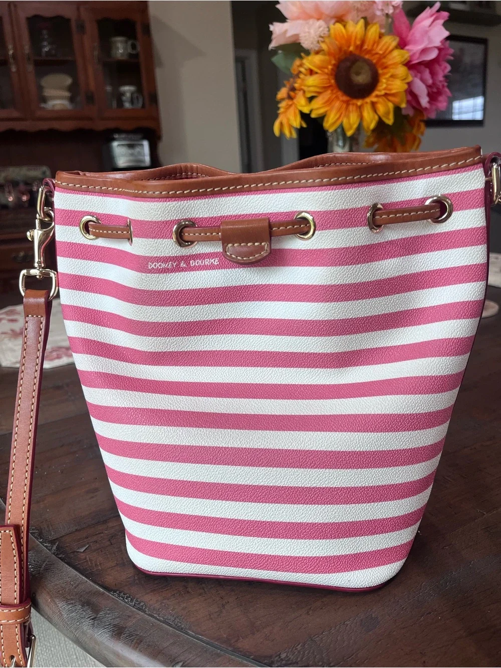 Dooney & Bourke Sullivan Striped Drawstring Bag in Watermelon/White